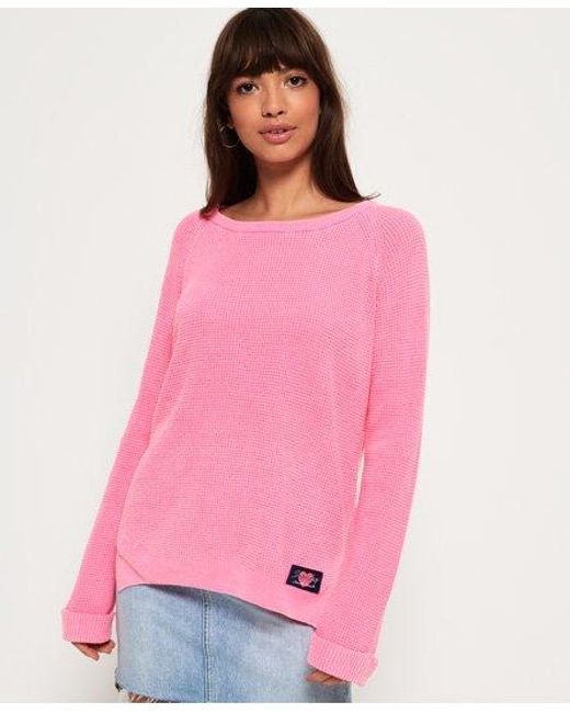 Superdry Pink Waffle Acid Wash Knit Jumper Fluro