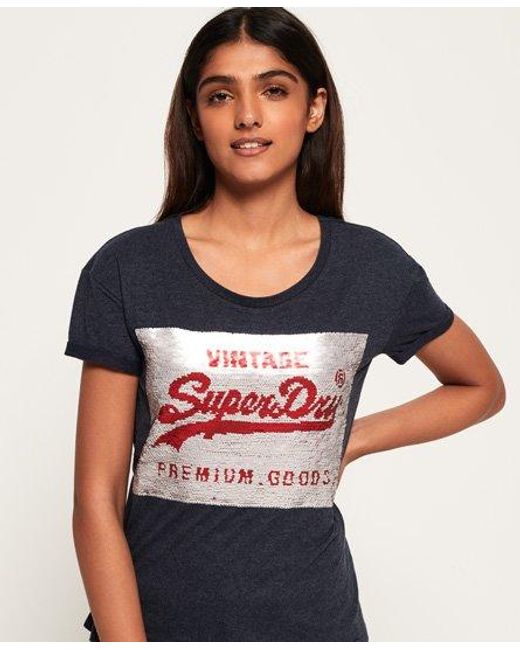 Superdry Blue Premium Sequin Slim Boyfriend T-Shirt Marl