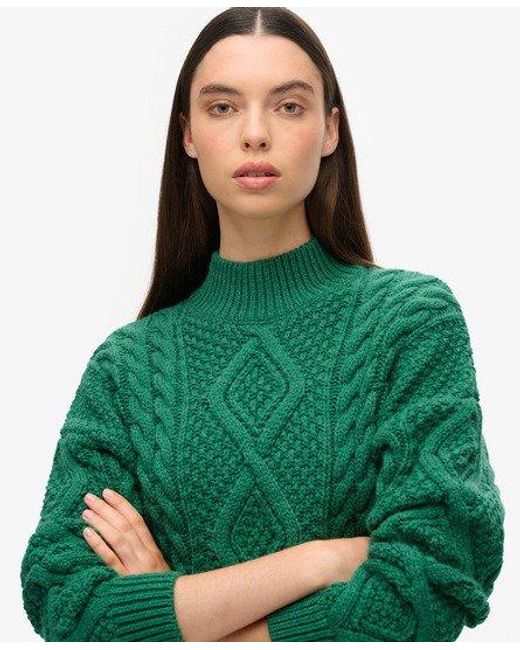 Superdry Green Aran Cable Knit Polo Jumper