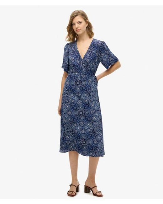 Superdry Blue Printed Wrap Midi Dress