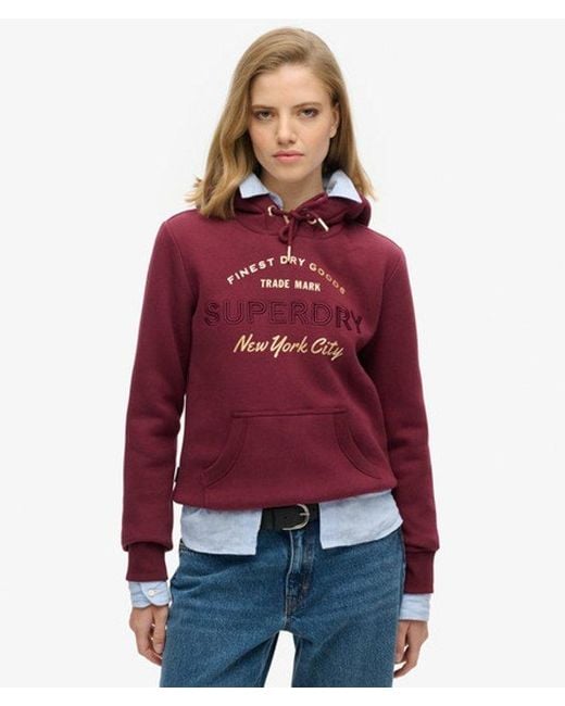 Femme Coton Sweat À Capuche Et Logo Métallisé Luxe, Taille Superdry en coloris Red