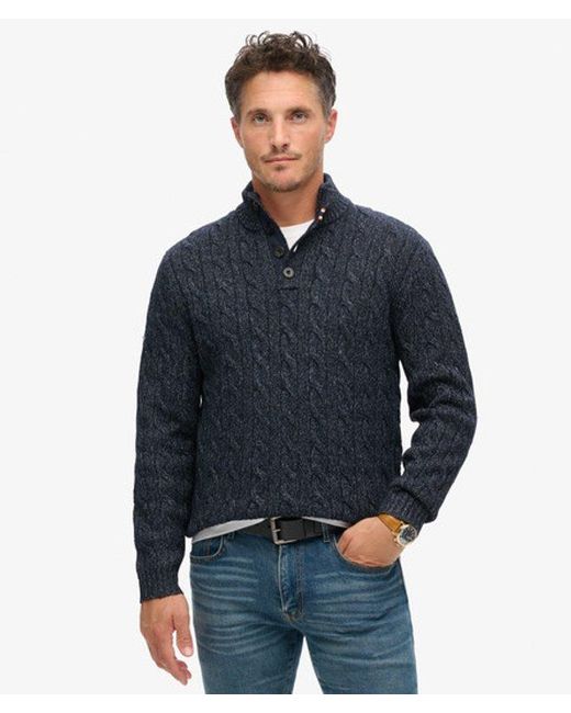 Superdry Blue & Co Classic Cable Knit Button Neck Jumper for men