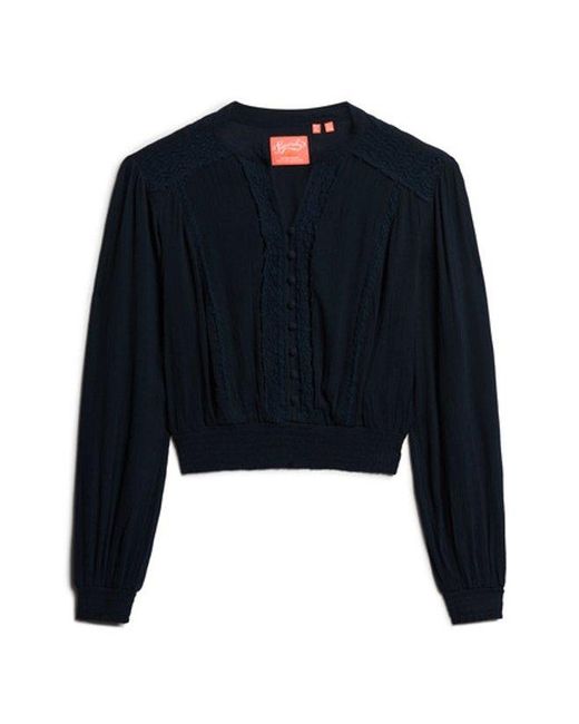 Superdry Blue & Co Classic Long Sleeve Lace Trim Smocked Blouse