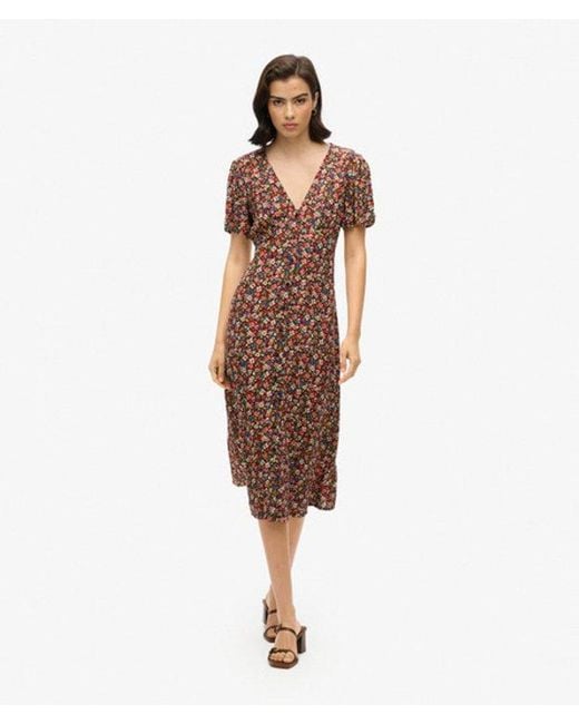 Superdry Brown Floral Printed Button-up Short Sleeve Midi Tea Dress