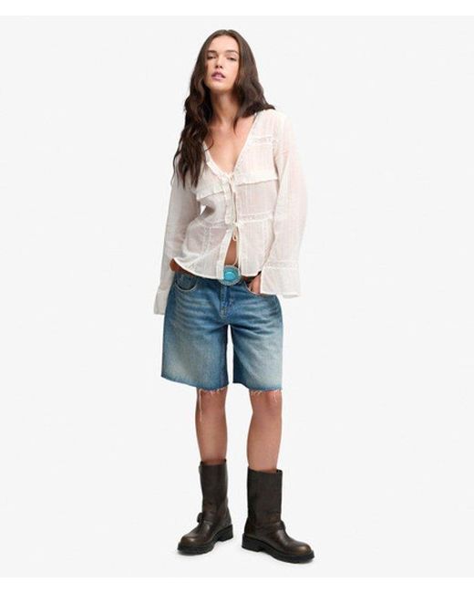 Superdry White & Co Long Sleeve Lace Tie Front Top