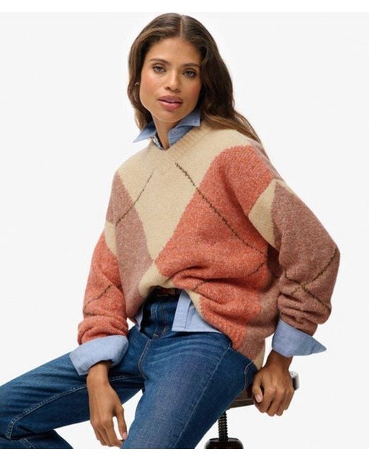 Superdry Blue & Co Oversized Argyle V Neck Jumper