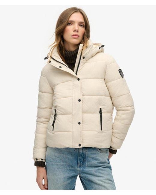 Superdry Natural & Co Classic Logo Badge Faux Fur Short Hooded Puffer Jacket