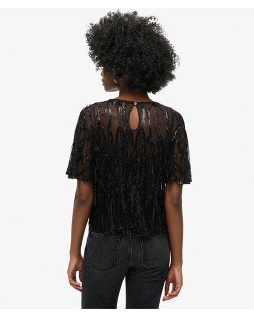 Superdry Black & Co Sheer Short Sleeve Sequin Top
