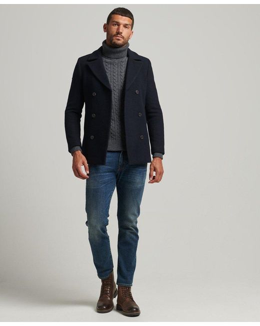 Superdry Wool Blend Short Pea Coat in Blue for Men | Lyst UK