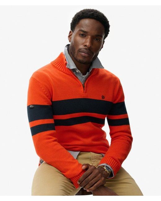 Superdry Red Cotton Stripe Half Zip Knit for men