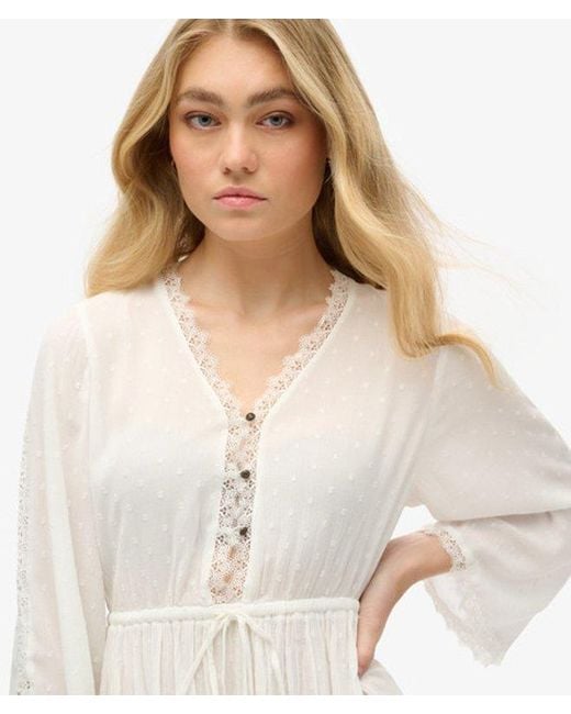 Superdry Lace Trim Ibiza V-neck Mini Dress in White | Lyst UK Superdry Lace Trim Ibiza V-neck Mini Dress in White | Lyst UK