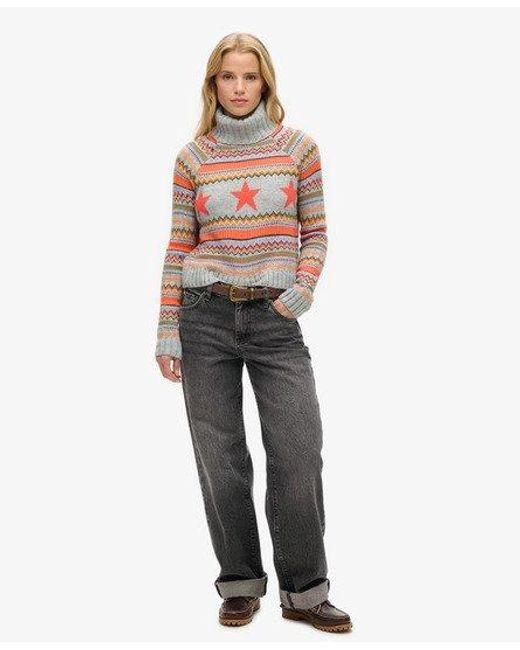 Superdry Gray Ladies Classic Raglan Stripe Roll Neck Knit Jumper