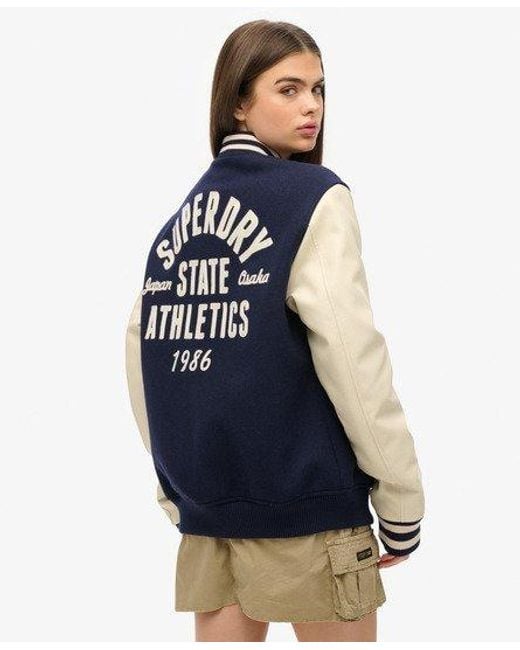 Superdry Blue Oversized Varsity Chain Stitch Bomber