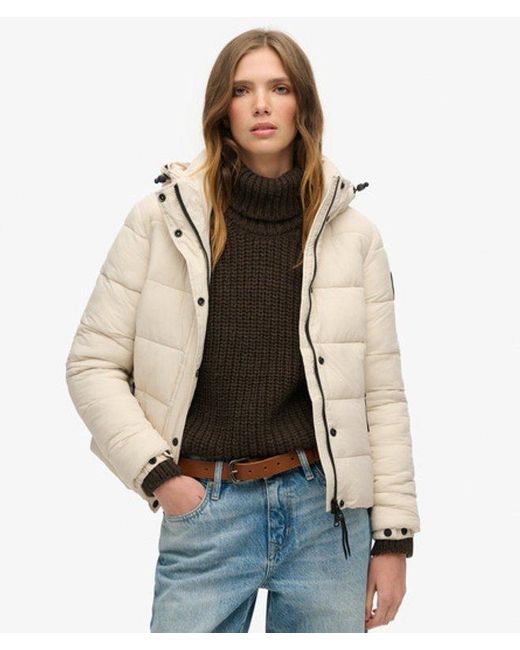 Superdry Natural & Co Classic Logo Badge Faux Fur Short Hooded Puffer Jacket