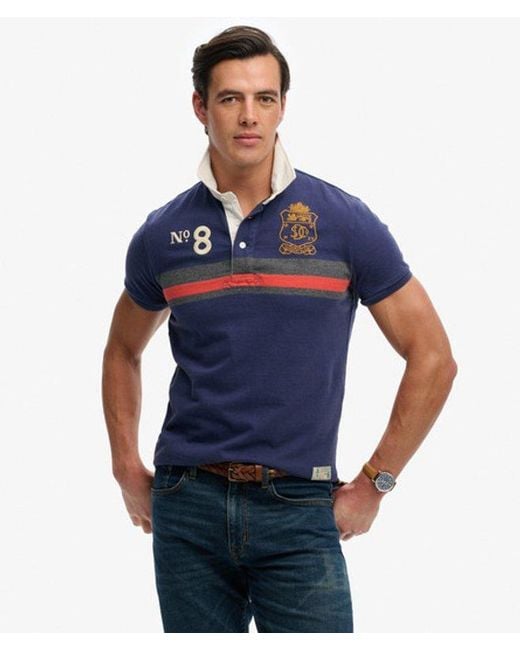 Superdry Blue Double Emblem Jersey Short Sleeve Rugby Polo Top for men