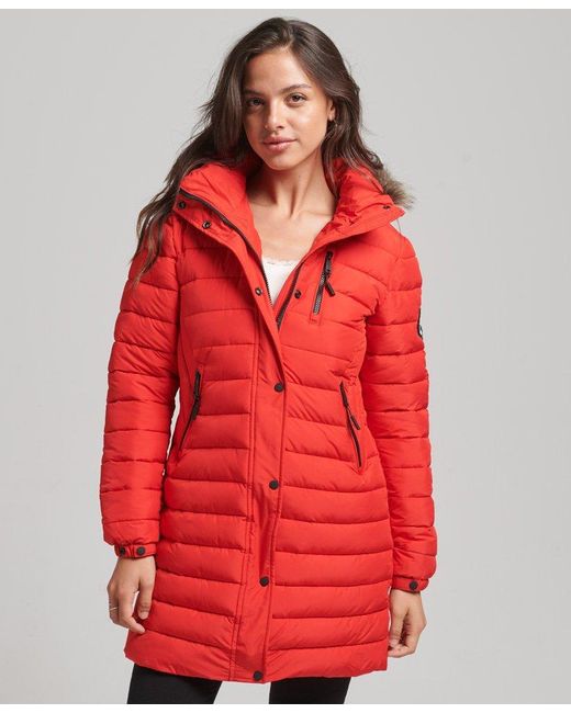 Superdry Faux Fur Hooded Mid Length Puffer Jacket Red | Lyst UK