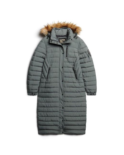 Superdry Quilted Fuji Hooded Longline Puffer Coat in Green | Lyst