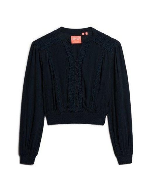 Superdry Blue Classic Long Sleeve Lace Trim Smocked Blouse