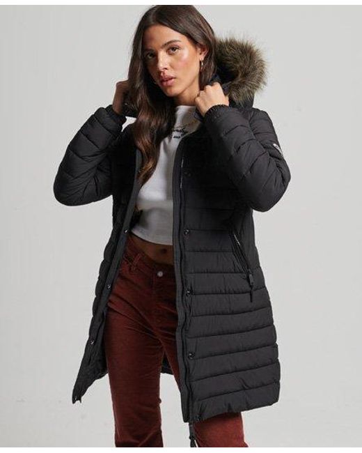 Superdry Faux Fur Hooded Mid Length Puffer Jacket Black