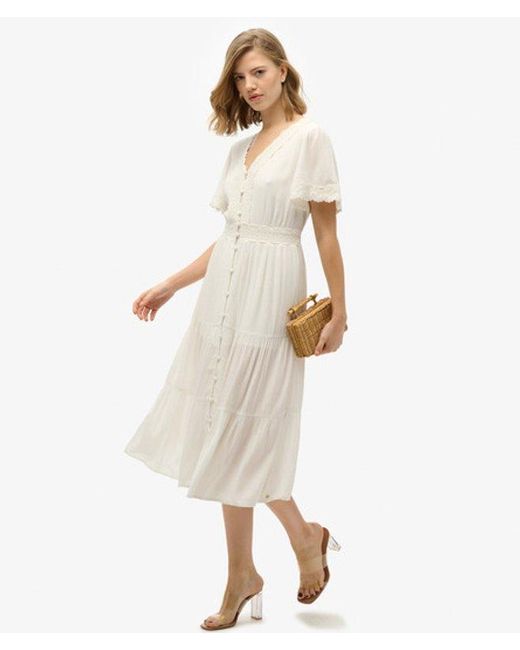 Superdry Natural Lace Detail Ibiza Short Sleeve Midi Tea Dress