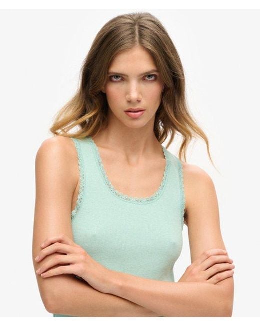 Superdry Blue Athletic Essentials Vintage Lace Trim Vest Top Size: S/M