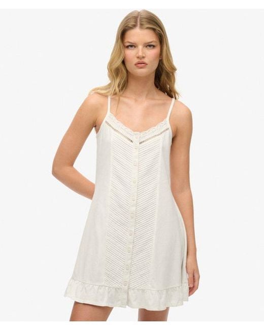 Superdry White Cotton Lace Detail Button Through Cami Dress