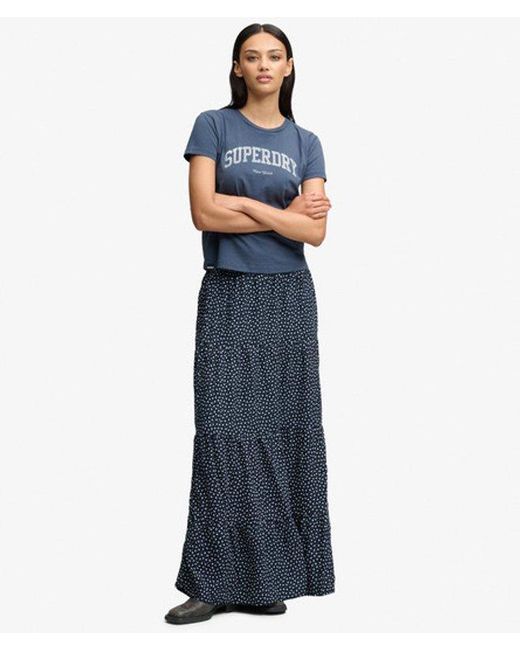 Superdry Blue Woven Tiered Maxi Skirt