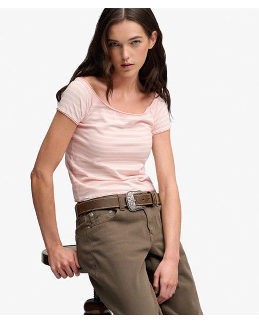 Superdry Gray Bardot Short Sleeve Off Shoulder Top