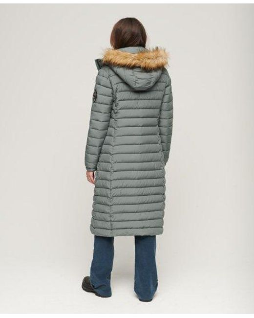 Superdry Green Quilted Fuji Hooded Longline Puffer Coat