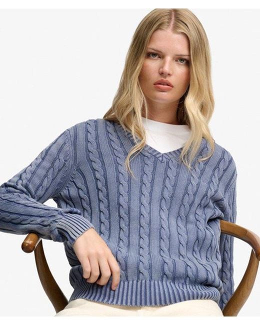 Superdry Blue & Co Washed V Neck Cable Jumper
