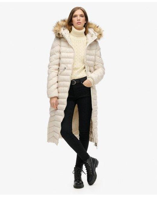 Superdry White Slim Fit Fuji Faux Fur Hooded Longline Jacket