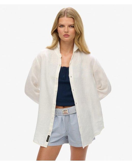 Superdry White Oversized Casual Linen Long Sleeve Shirt