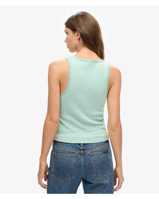 Superdry Blue Athletic Essentials Vintage Lace Trim Vest Top Size: S/M