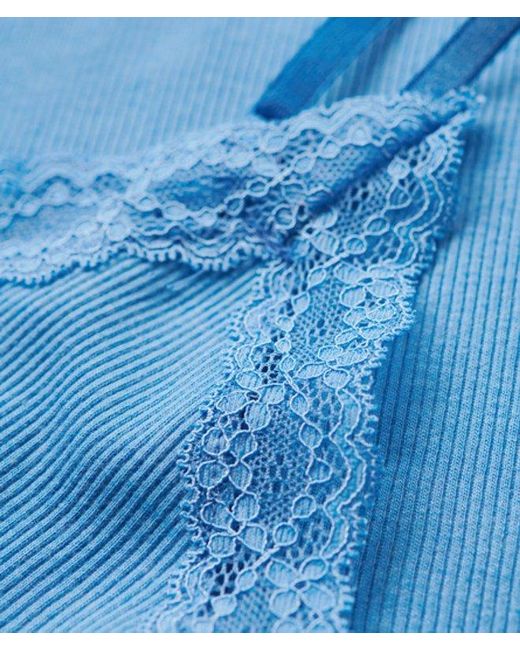 Superdry Blue & Co Organic Cotton Vintage Rib Lace Trim Cami Top