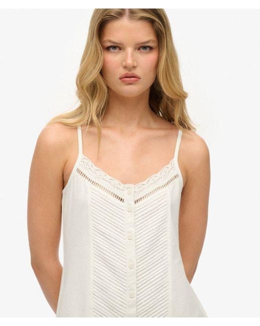 Superdry White Cotton Lace Detail Button Through Cami Dress