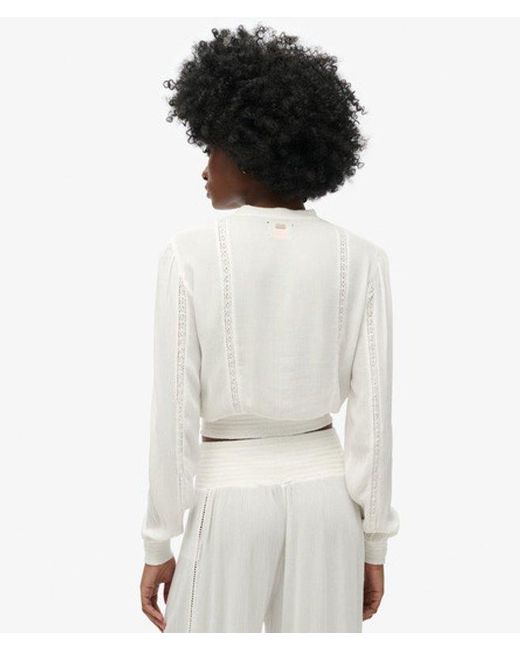 Superdry White & Co Long Sleeve Lace Trim Smocked Blouse