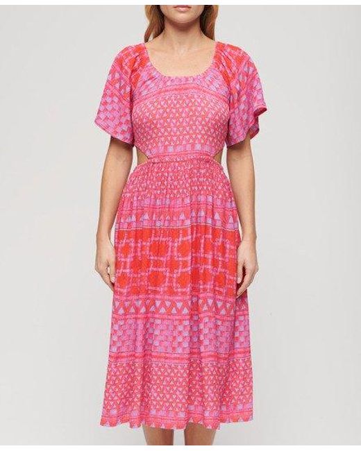 Superdry Pink Printed Cut Out Midi Dress