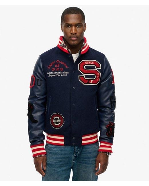 Superdry Blue College Varsity Patched Bomber Jacket for men