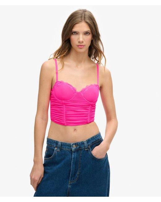 Superdry Pink Lace Ruched Mesh Crop Corset Top