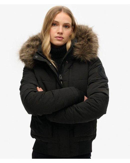 Superdry Black Fully Lined Embroidered Badge Hooded Everest Puffer Bomber Jacket
