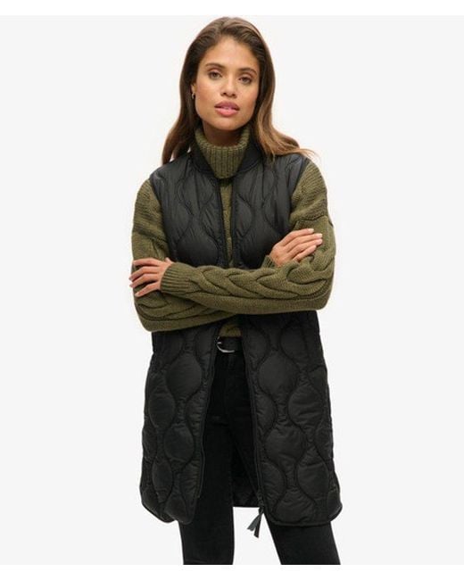 Superdry Black Ladies Quilted Studios Long Gilet