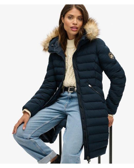 Superdry Blue & Co Slim Fit Logo Patch Fuji Faux Fur Hood Mid Length Puffer Coat