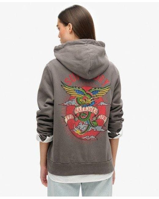 Superdry Gray Tattoo Rhinestone Zip Hoodie