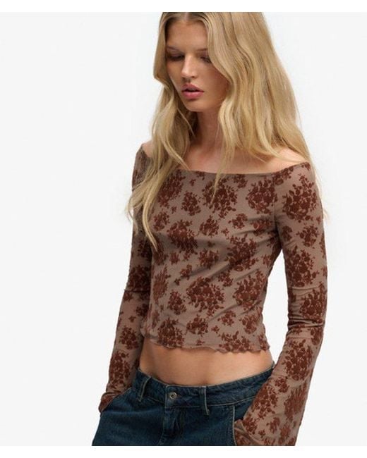 Superdry Brown & Co Flocked Mesh Long Sleeve Top