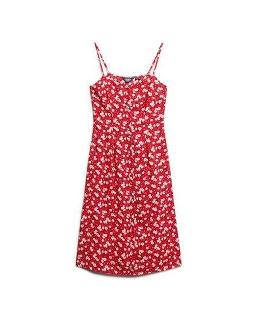 Superdry Red Printed Button-up Cami Midi Dress
