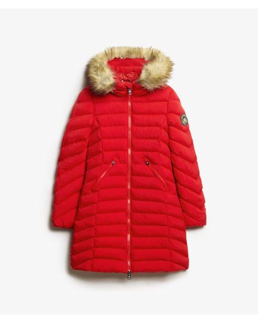 Superdry Red Fuji Faux Fur Hood Mid Length Puffer Coat
