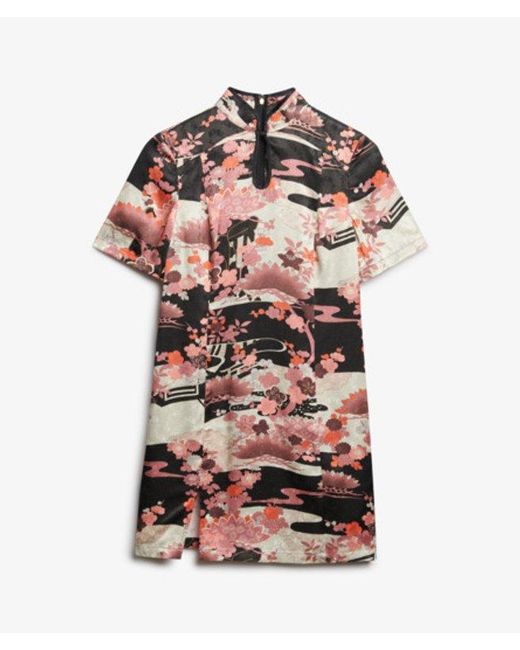 Superdry Red Floral Print Mandarin Jacquard Mini Dress