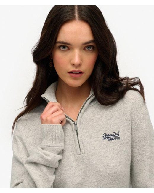 Superdry Gray Essential Embroidered Knitted Half Zip Jumper