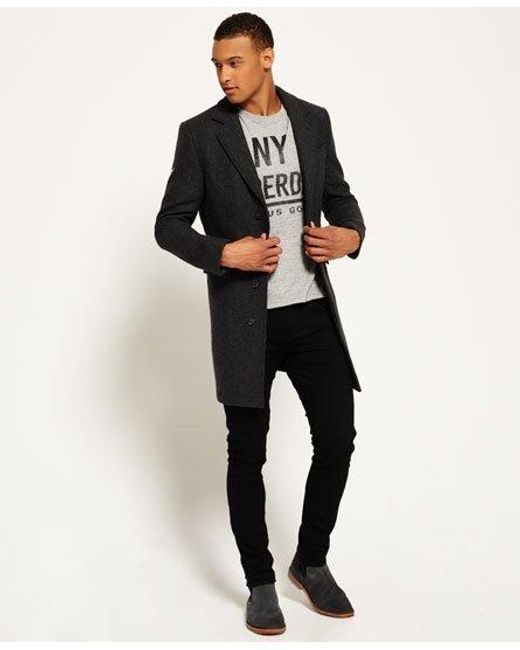 Superdry Black Stock Coat Charcoal Herringbone for men