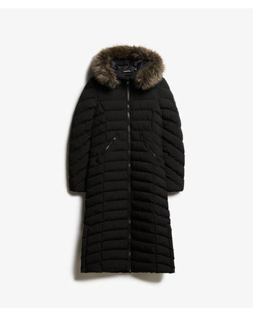 Veste longue à capuche en fausse fourrure fuji Superdry en coloris Black